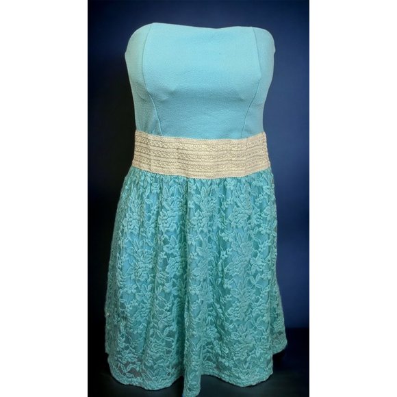 Turquoise Floral Lace Strapless Mini Dress - Picture 1 of 10